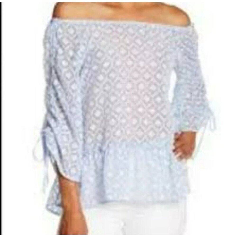 Democracy Blouse Womens XL Blue Patterned Textured Gathered Sleeve Ruffle Blue W